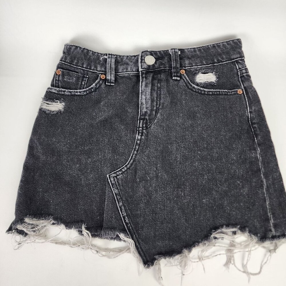 BDG Urban Outfitters Black Distressed Denim Mini Skirt Frayed Hem, XS X Small